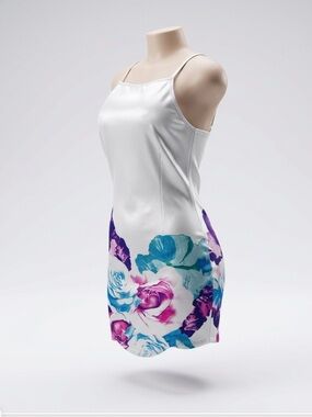 Floral Satin Chemise Slip Dress in White and Multi